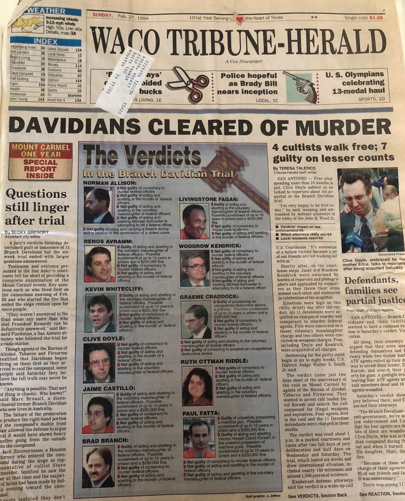 Davidians Cleared of Murder FrontPage News